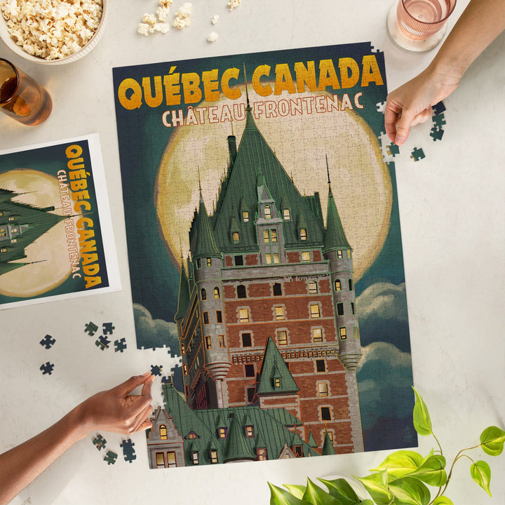Quebec City, Canada, Chateau Frontenac and Full Moon, Jigsaw Puzzle Puzzle Lantern Press 
