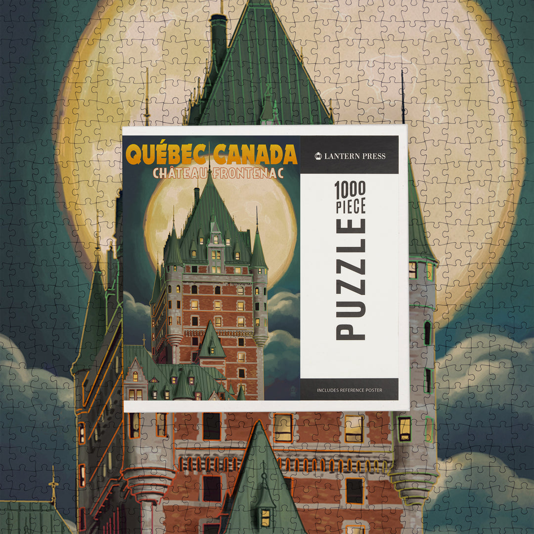 Quebec City, Canada, Chateau Frontenac and Full Moon, Jigsaw Puzzle Puzzle Lantern Press 