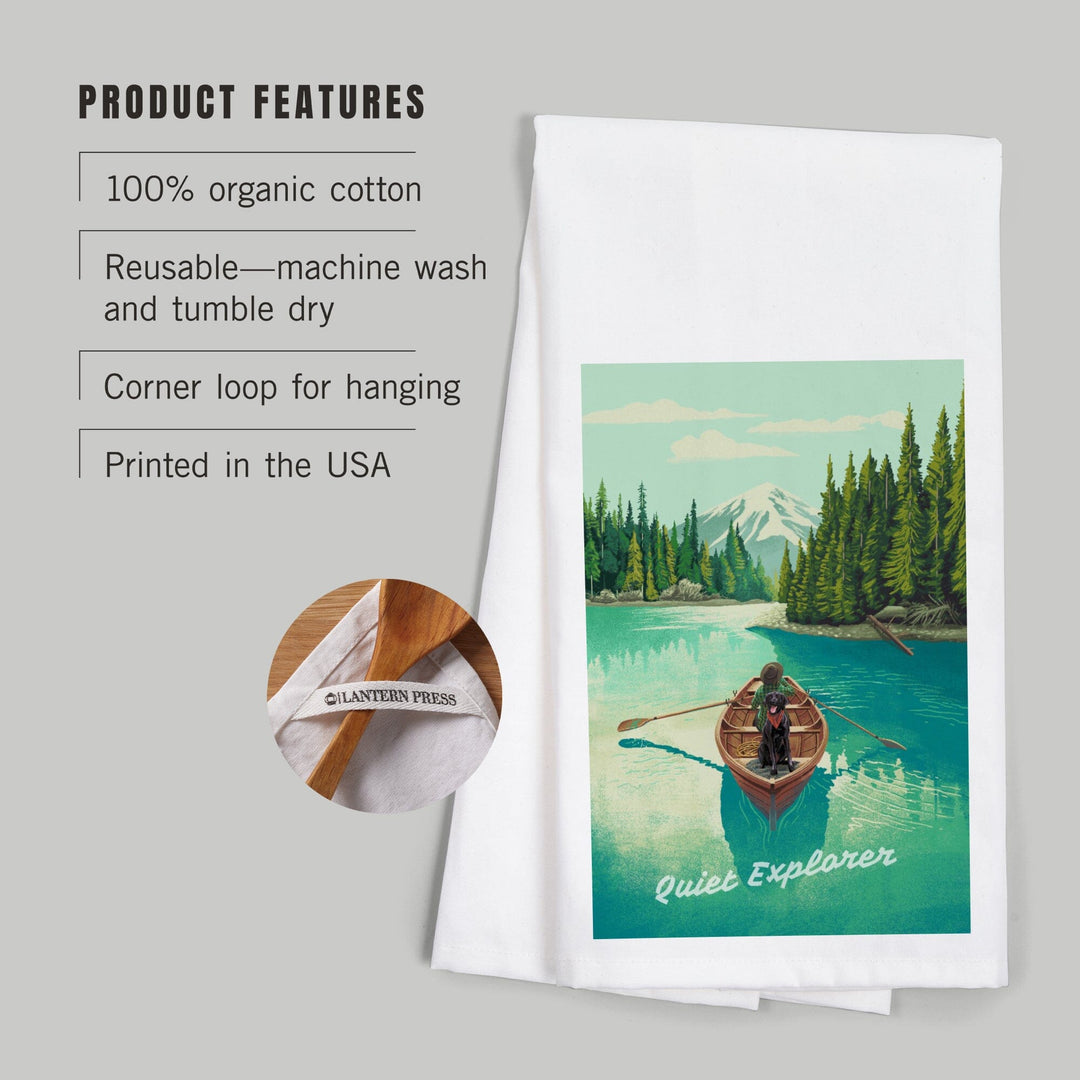 Quiet Explorer, Boating, Mountain, Organic Cotton Kitchen Tea Towels Kitchen Lantern Press 