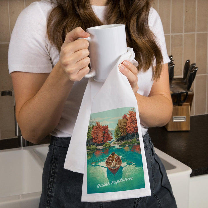 Quiet Explorer, Boating, Mountain, Organic Cotton Kitchen Tea Towels Kitchen Lantern Press 