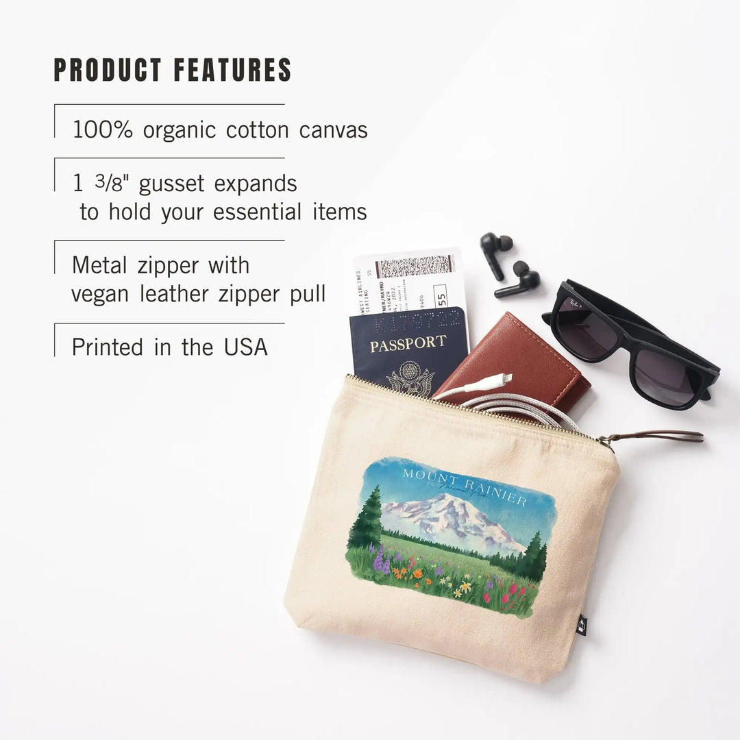 Rainier National Park, Washington, Botanical Rainier,, Organic Cotton Zipper Pouch, Go Bag Go Bag Lantern Press 