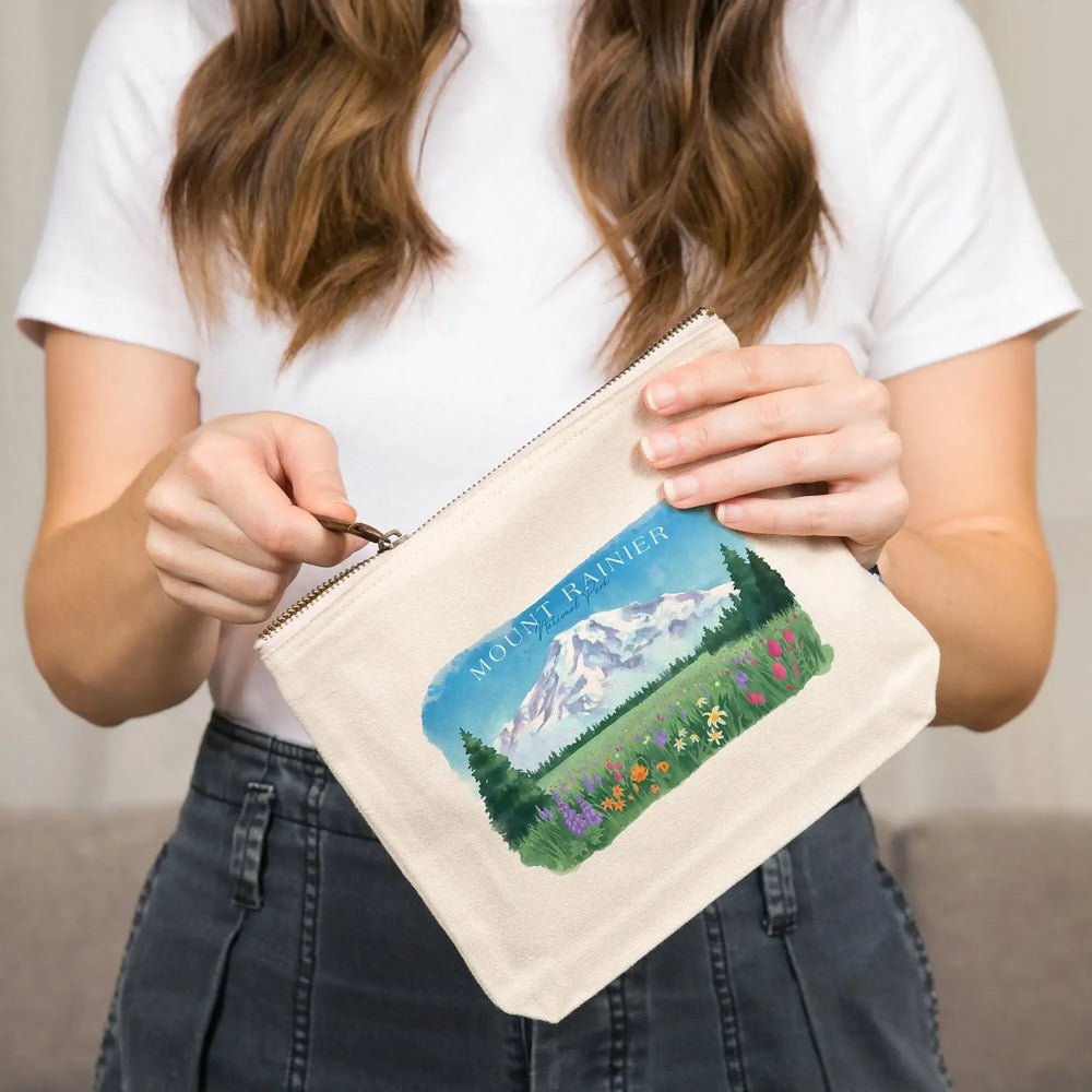 Rainier National Park, Washington, Botanical Rainier,, Organic Cotton Zipper Pouch, Go Bag Go Bag Lantern Press 