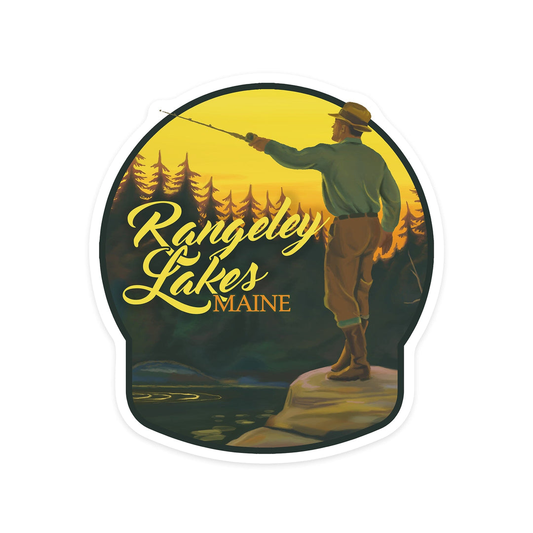 Rangeley Lakes, Maine, Fly Fishing Scene, Contour, Vinyl Sticker Sticker Lantern Press 