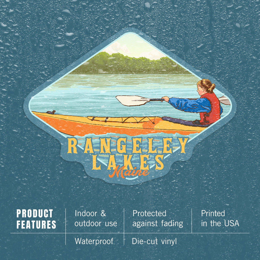 Rangeley Lakes, Maine, Woman Kayaking, Contour, Vinyl Sticker Sticker Lantern Press 