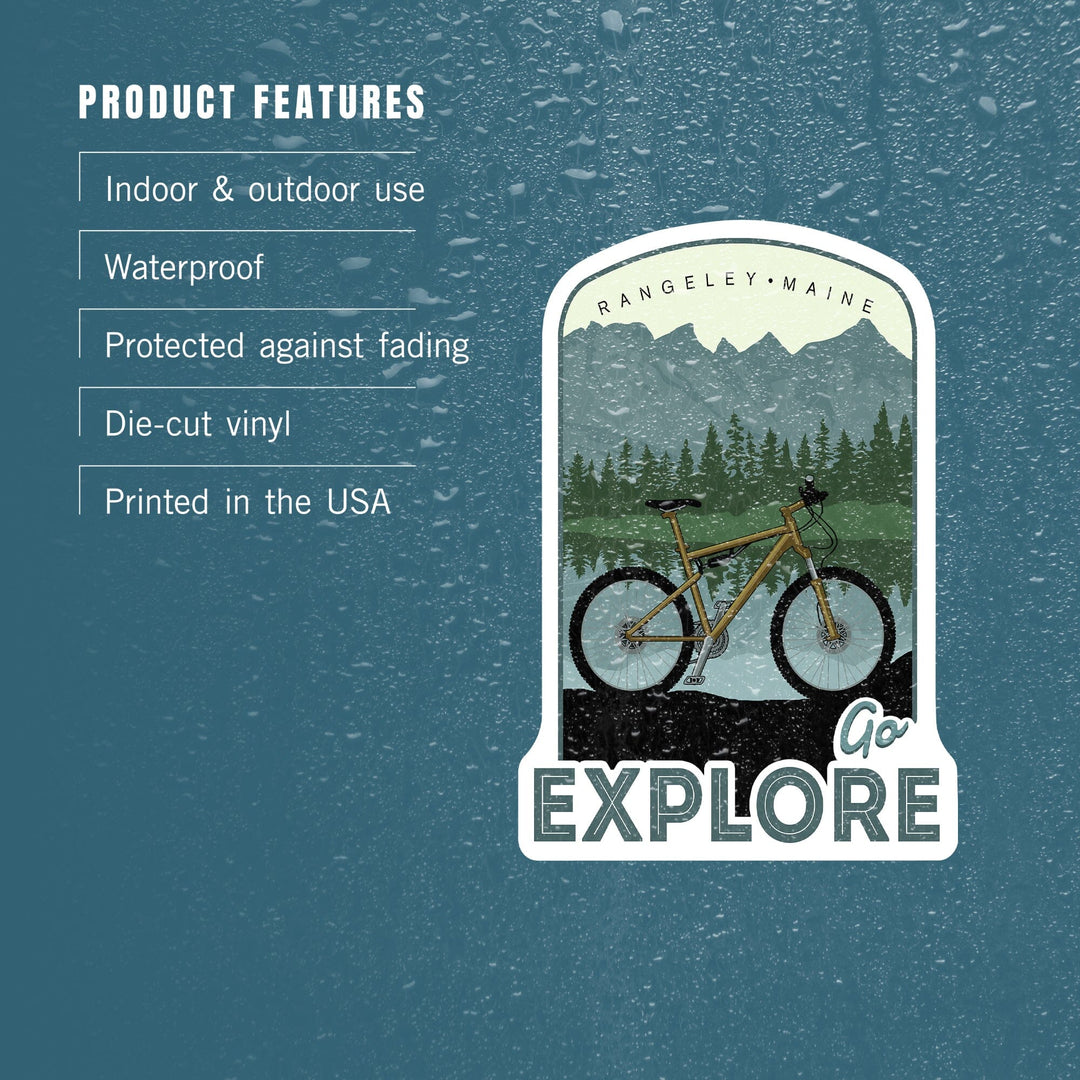 Rangeley, Maine, Go Explore, Bike, Contour, Lantern Press Artwork, Vinyl Sticker Sticker Lantern Press 