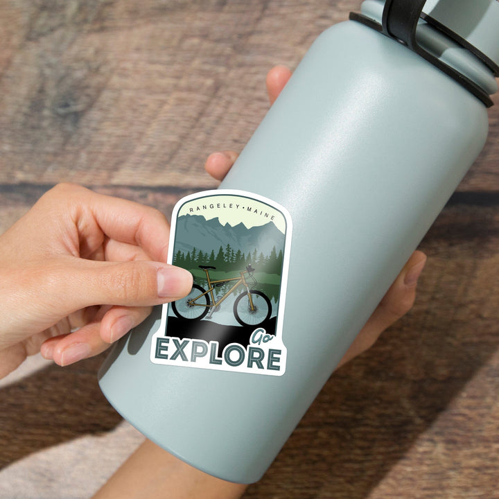 Rangeley, Maine, Go Explore, Bike, Contour, Lantern Press Artwork, Vinyl Sticker Sticker Lantern Press 