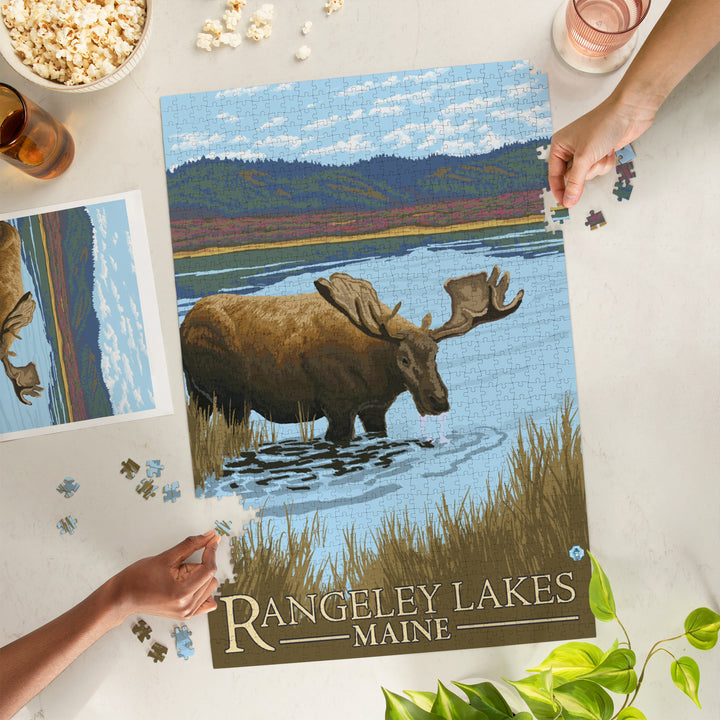 Rangeley, Maine, Moose Drinking at Lake, Jigsaw Puzzle Puzzle Lantern Press 