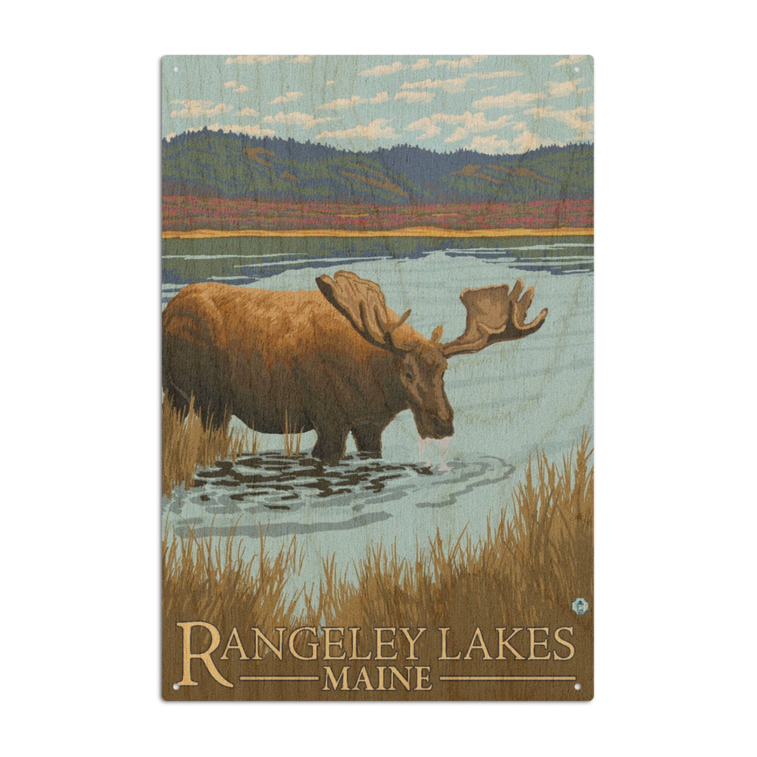 Rangeley, Maine, Moose Drinking at Lake, Lantern Press Artwork, Wood Signs and Postcards Wood Lantern Press 10 x 15 Wood Sign 