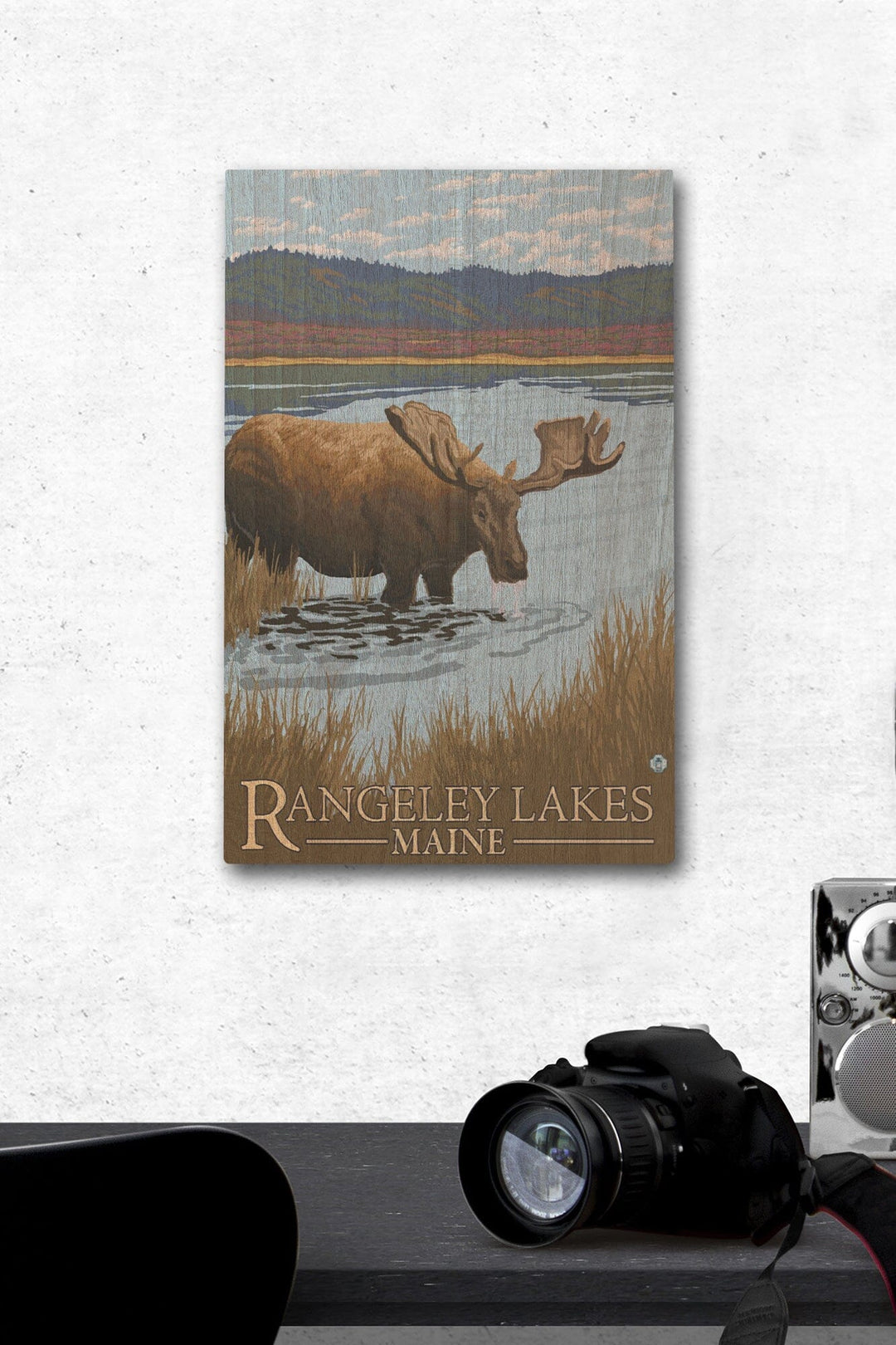 Rangeley, Maine, Moose Drinking at Lake, Lantern Press Artwork, Wood Signs and Postcards Wood Lantern Press 12 x 18 Wood Gallery Print 