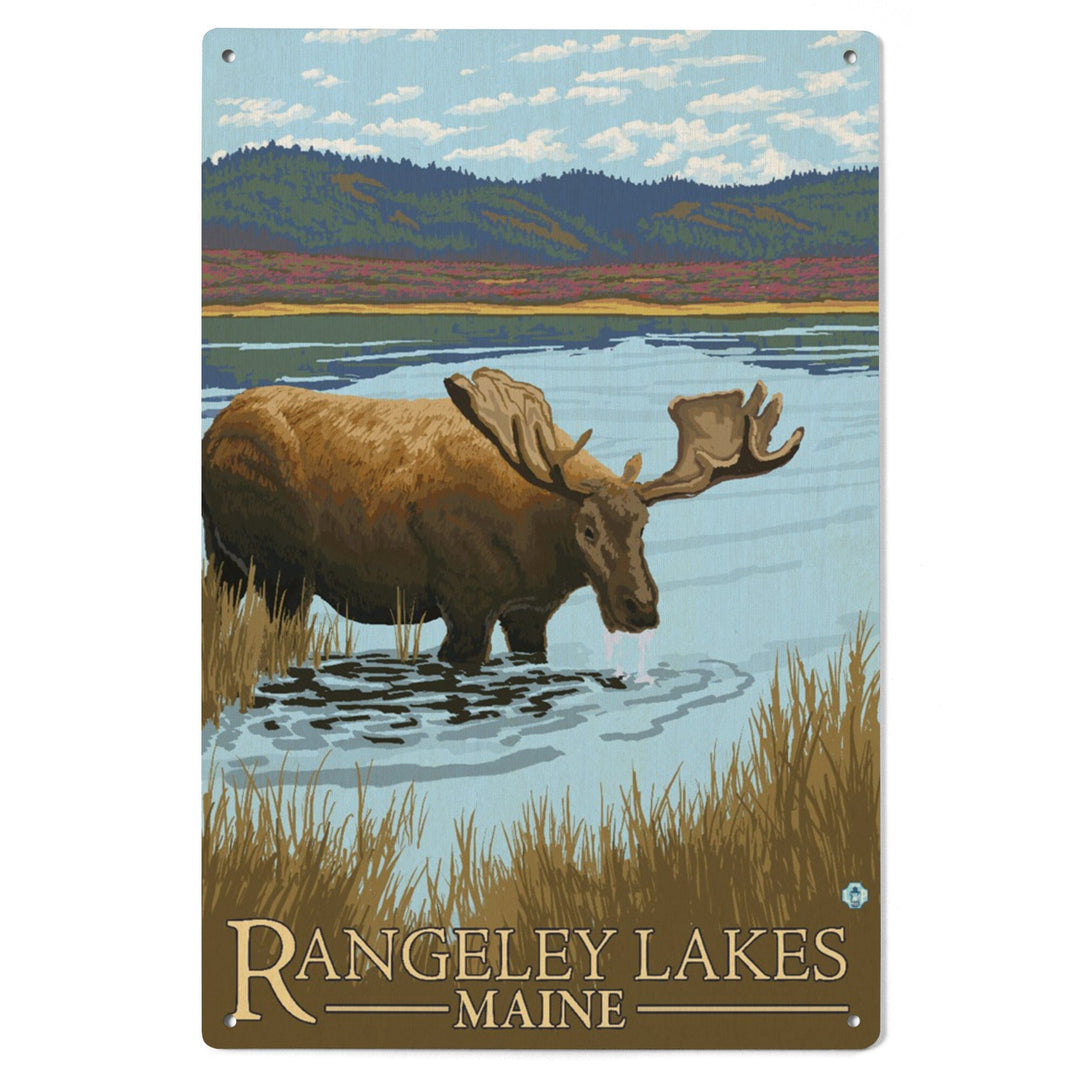 Rangeley, Maine, Moose Drinking at Lake, Lantern Press Artwork, Wood Signs and Postcards Wood Lantern Press 