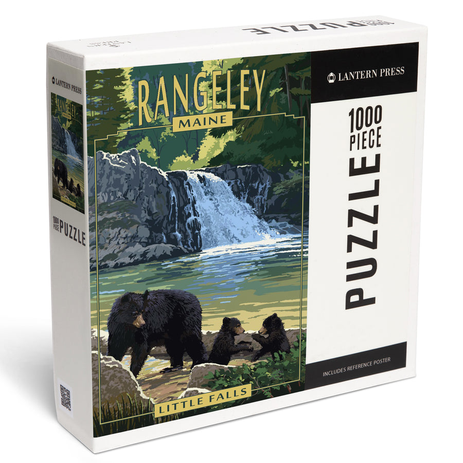 Rangeley, Maine, Painterly, Little Falls, Black Bear and Cubs, Jigsaw Puzzle Puzzle Lantern Press 