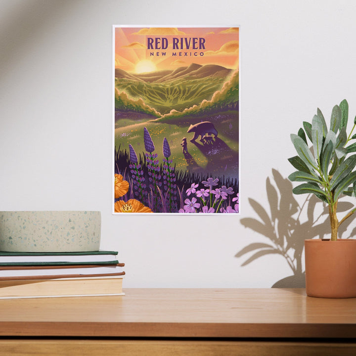 Red River, New Mexico, Lithograph, Bear and Spring Flowers, Ski Mountain, Art & Giclee Prints Art Lantern Press 