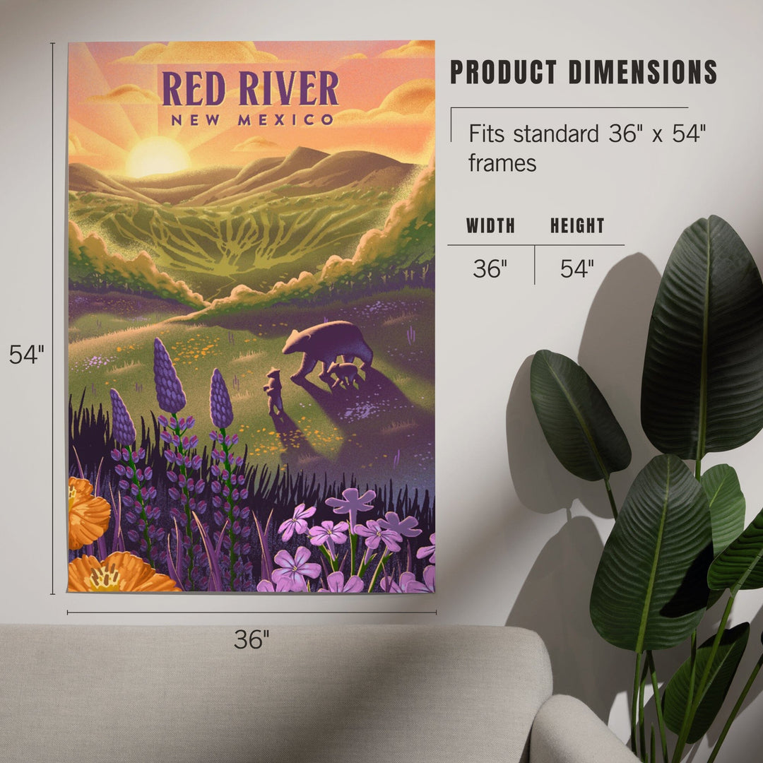 Red River, New Mexico, Lithograph, Bear and Spring Flowers, Ski Mountain, Art & Giclee Prints Art Lantern Press 