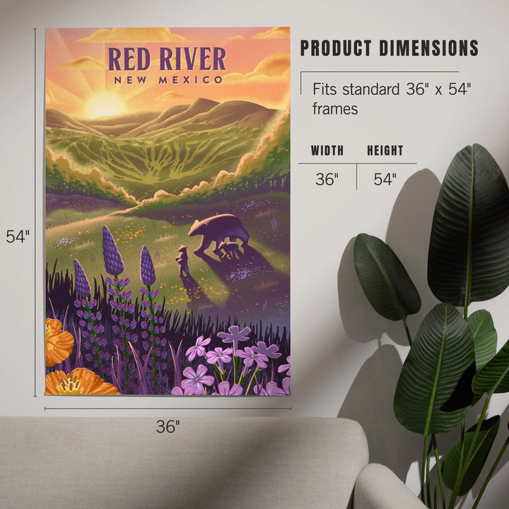 Red River, New Mexico, Lithograph, Bear and Spring Flowers, Ski Mountain, Art & Giclee Prints Art Lantern Press 