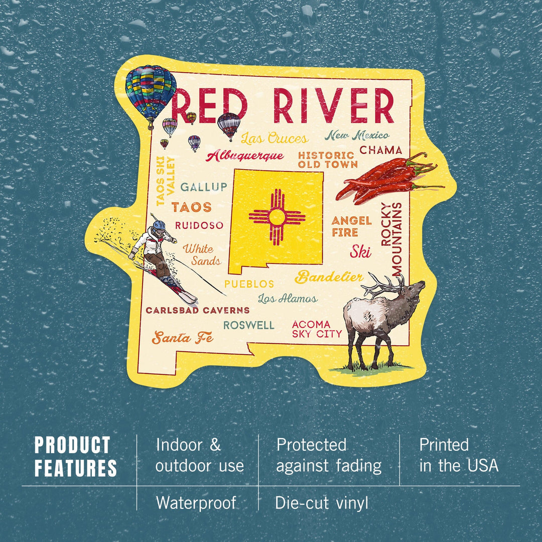 Red River, New Mexico, Typography and Icons, Contour, Vinyl Sticker Sticker Lantern Press 