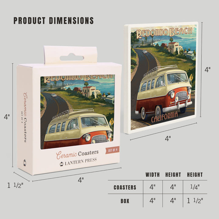 Redondo Beach, California, Camper Van, Lantern Press Artwork, Coaster Set Coasters Lantern Press 