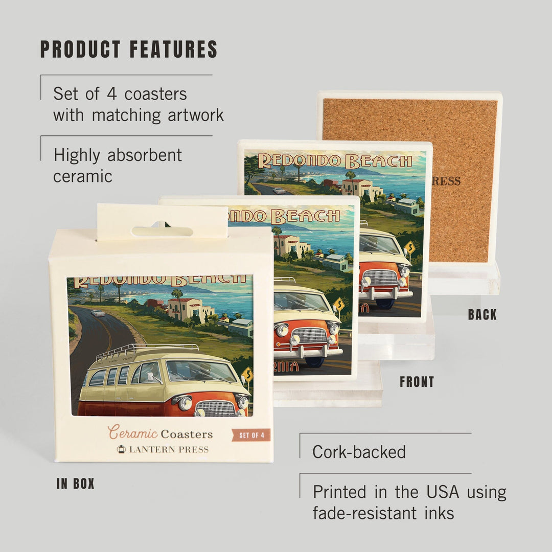 Redondo Beach, California, Camper Van, Lantern Press Artwork, Coaster Set Coasters Lantern Press 