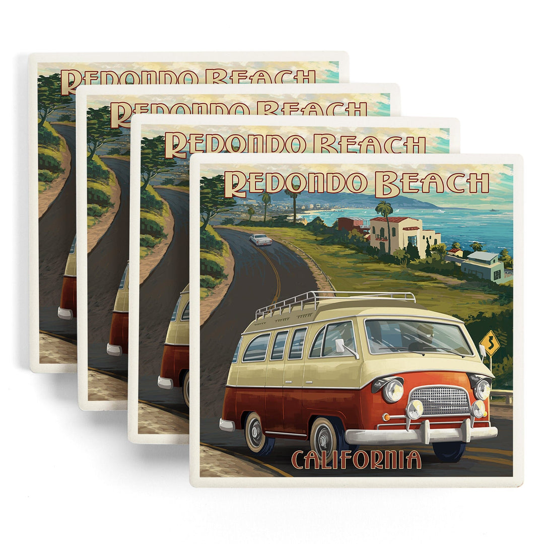 Redondo Beach, California, Camper Van, Lantern Press Artwork, Coaster Set Coasters Lantern Press 