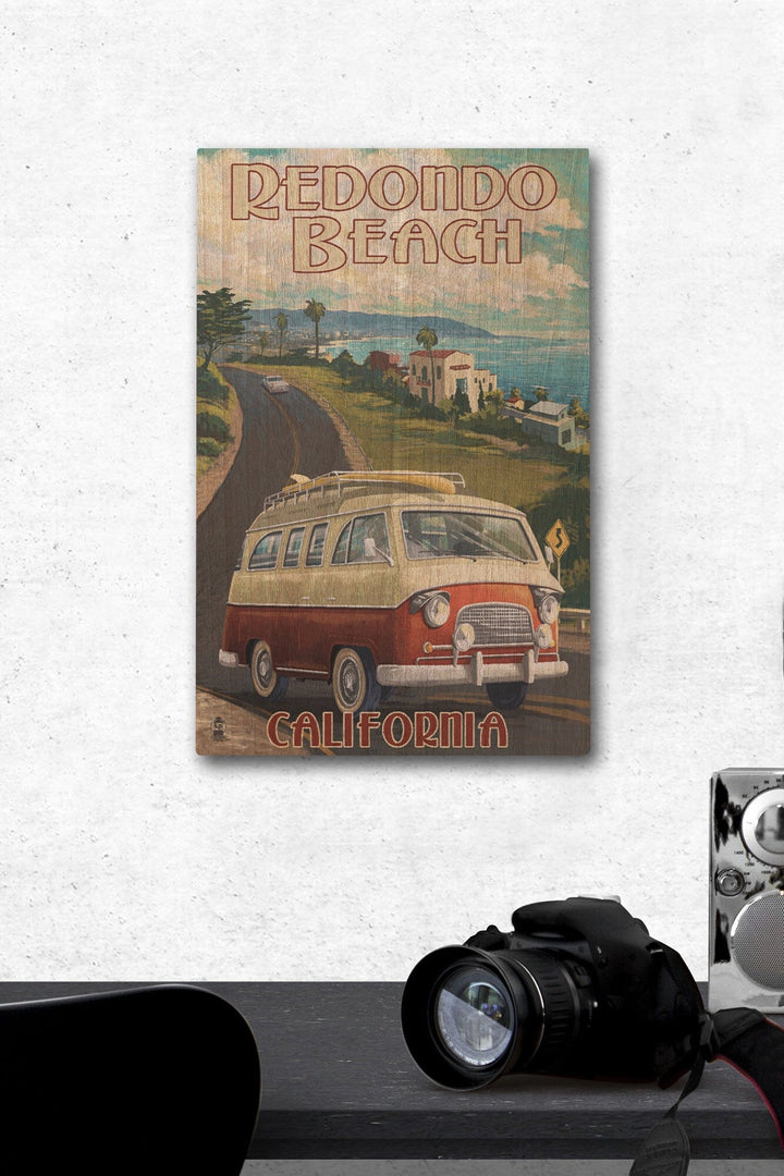 Redondo Beach, California, Camper Van, Lantern Press Artwork, Wood Signs and Postcards Wood Lantern Press 12 x 18 Wood Gallery Print 