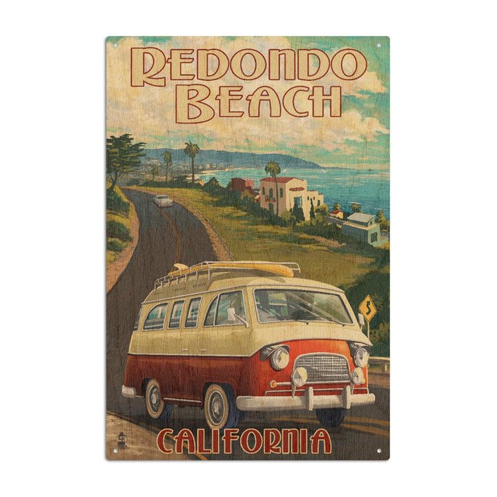 Redondo Beach, California, Camper Van, Lantern Press Artwork, Wood Signs and Postcards Wood Lantern Press 6x9 Wood Sign 