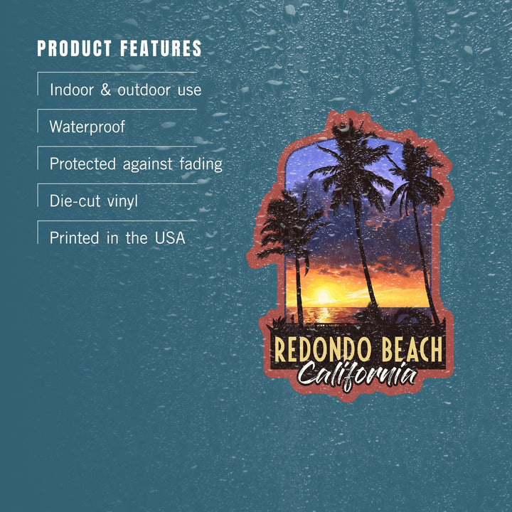 Redondo Beach, California, Palms and Sunset, Contour, Vinyl Sticker Sticker Lantern Press 