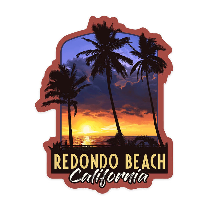 Redondo Beach, California, Palms and Sunset, Contour, Vinyl Sticker Sticker Lantern Press 