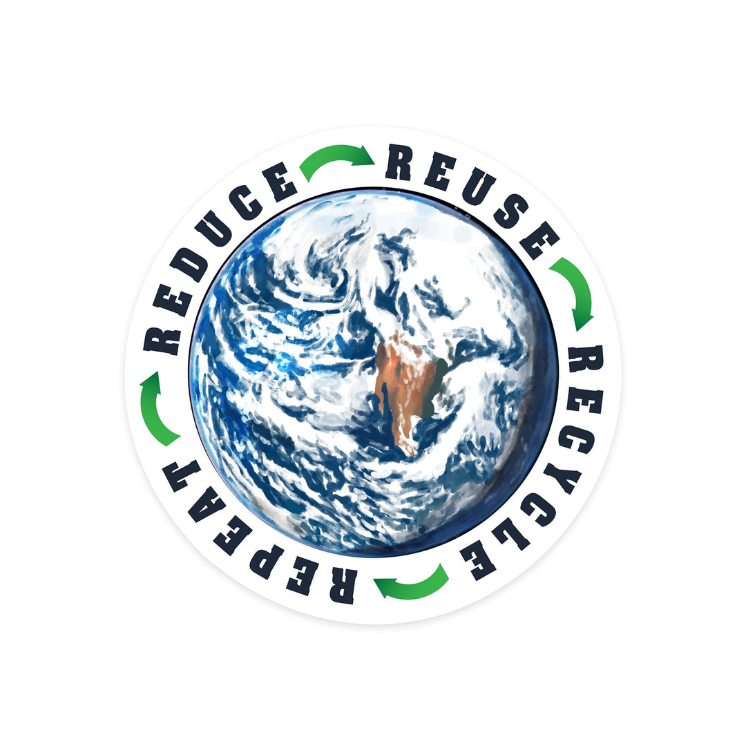 Reduce, Reuse, Recycle, Earth, Watercolor, Contour, Lantern Press Artwork, Vinyl Sticker Sticker Lantern Press 