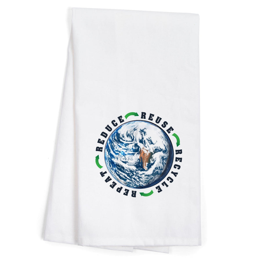 Reduce, Reuse, Recycle, Earth, Watercolor, Contour, Organic Cotton Kitchen Tea Towels Kitchen Lantern Press 