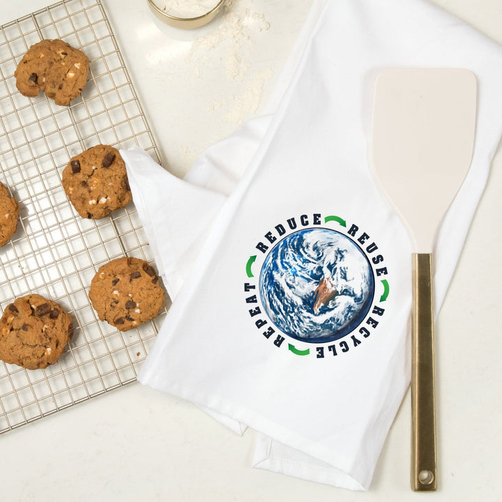 Reduce, Reuse, Recycle, Earth, Watercolor, Contour, Organic Cotton Kitchen Tea Towels Kitchen Lantern Press 