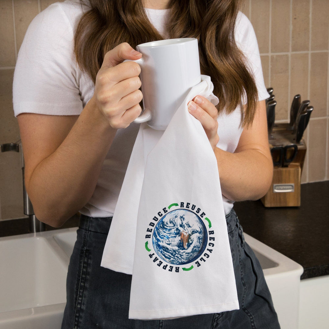 Reduce, Reuse, Recycle, Earth, Watercolor, Contour, Organic Cotton Kitchen Tea Towels Kitchen Lantern Press 