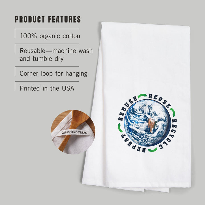 Reduce, Reuse, Recycle, Earth, Watercolor, Contour, Organic Cotton Kitchen Tea Towels Kitchen Lantern Press 