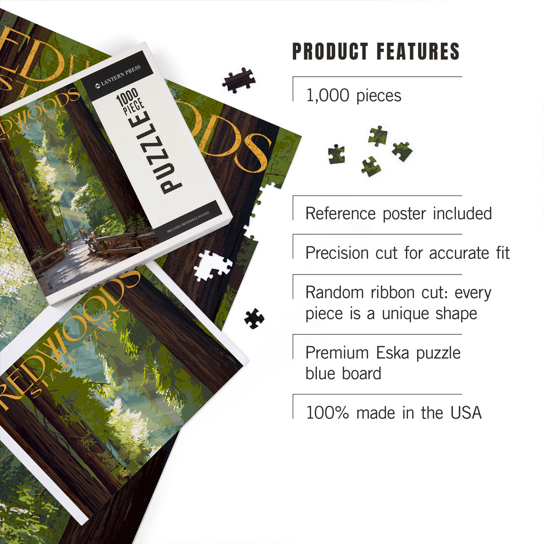 Redwoods Park, California, Pathway in Trees, Jigsaw Puzzle Puzzle Lantern Press 
