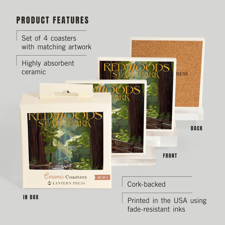 Redwoods Park, California, Pathway in Trees, Lantern Press Artwork, Coaster Set Coasters Lantern Press 