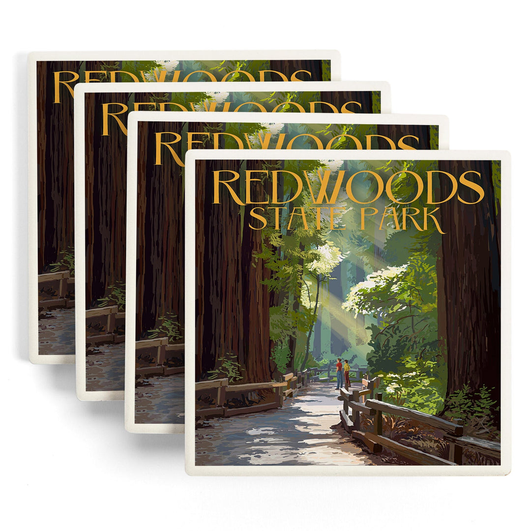 Redwoods Park, California, Pathway in Trees, Lantern Press Artwork, Coaster Set Coasters Lantern Press 