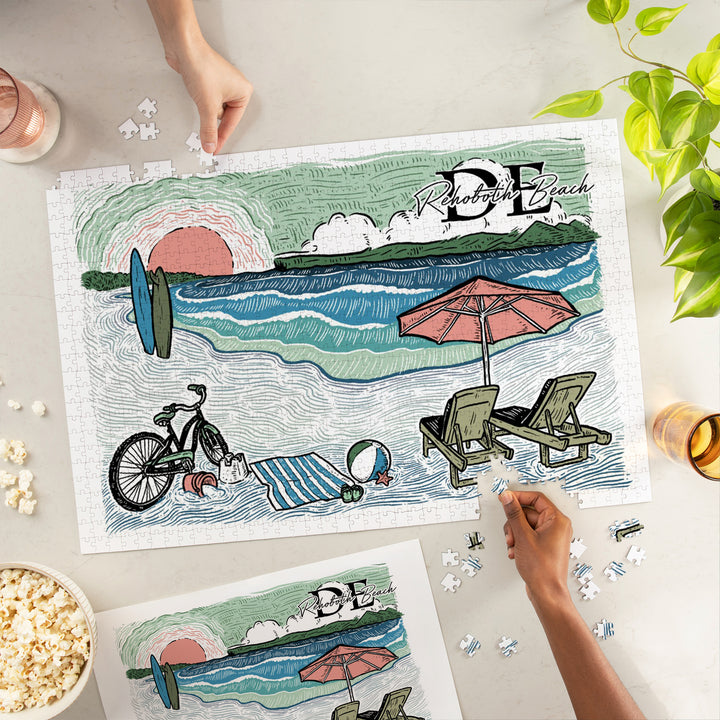 Rehoboth Beach, Delaware, Beach Scene, Sketch, Jigsaw Puzzle Puzzle Lantern Press 