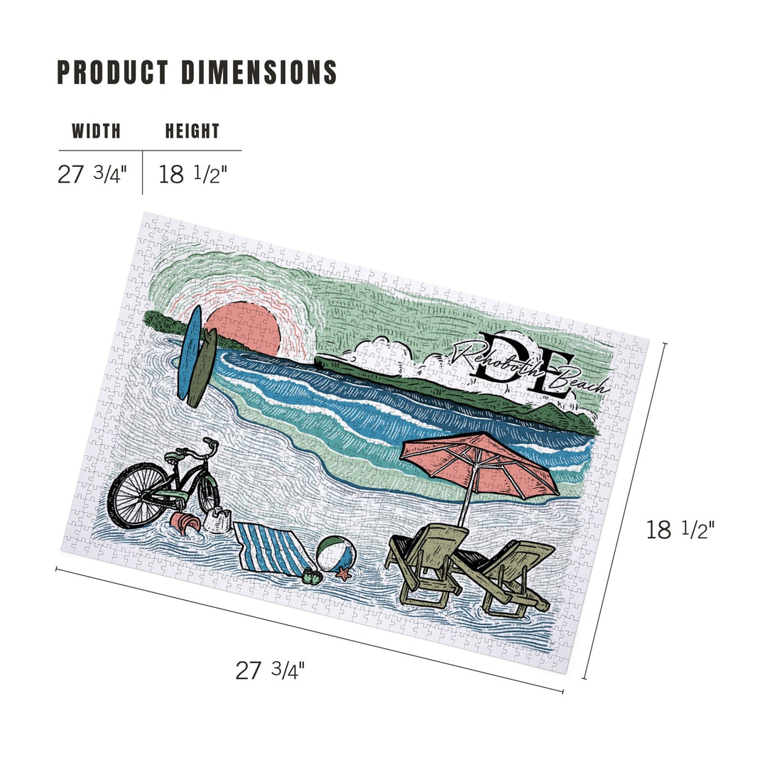 Rehoboth Beach, Delaware, Beach Scene, Sketch, Jigsaw Puzzle Puzzle Lantern Press 