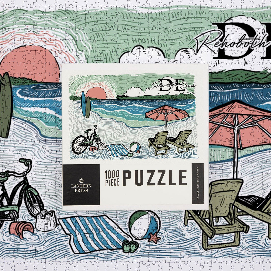 Rehoboth Beach, Delaware, Beach Scene, Sketch, Jigsaw Puzzle Puzzle Lantern Press 