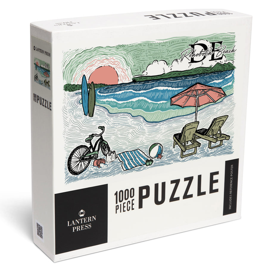 Rehoboth Beach, Delaware, Beach Scene, Sketch, Jigsaw Puzzle Puzzle Lantern Press 