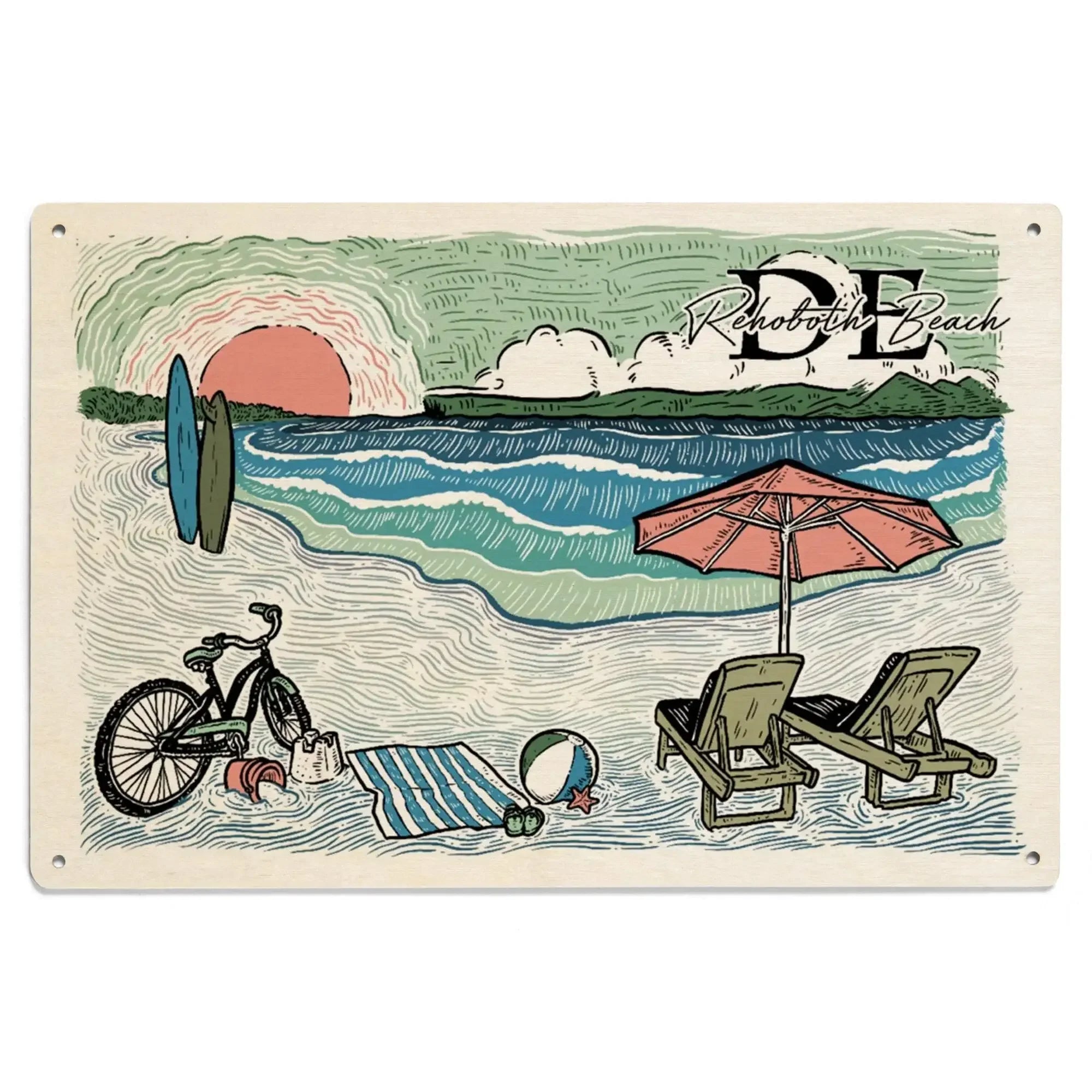 Rehoboth Beach, Delaware, Beach Scene, Sketch, Lantern Press Artwork,
