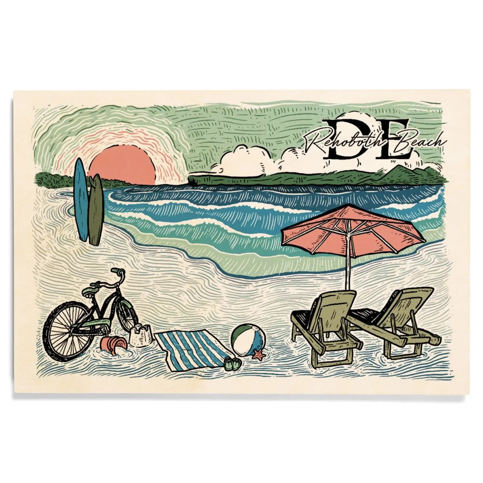 Rehoboth Beach, Delaware, Beach Scene, Sketch, Lantern Press Artwork,