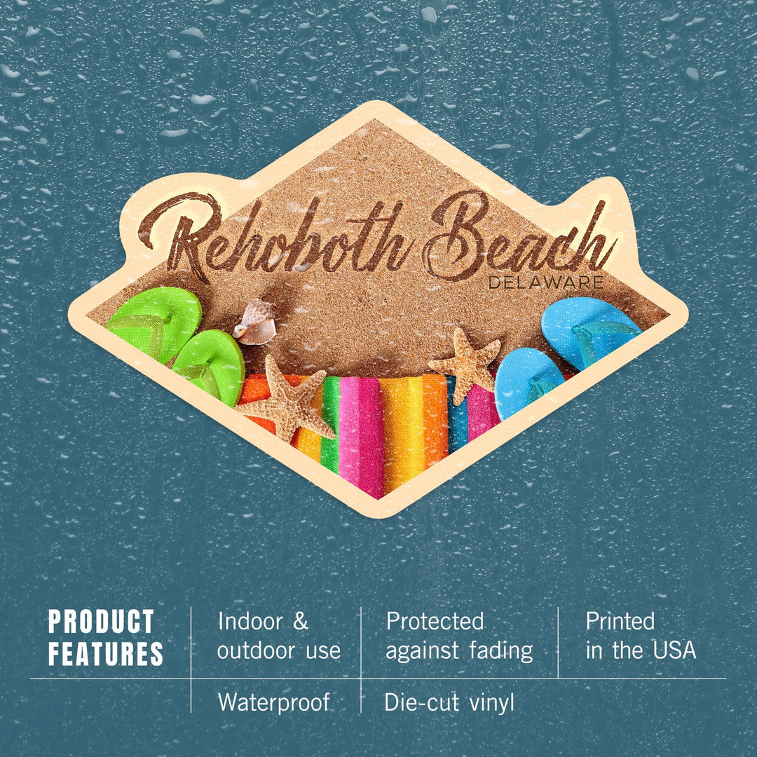 Rehoboth Beach, Delaware, Flip Flops on Beach, Contour, Vinyl Sticker Sticker Lantern Press 