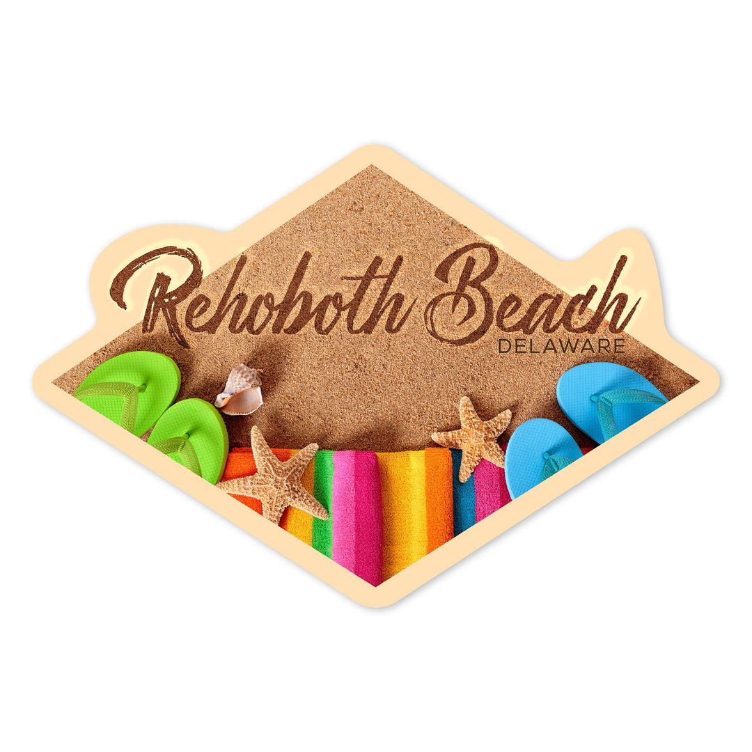 Rehoboth Beach, Delaware, Flip Flops on Beach, Contour, Vinyl Sticker Sticker Lantern Press 