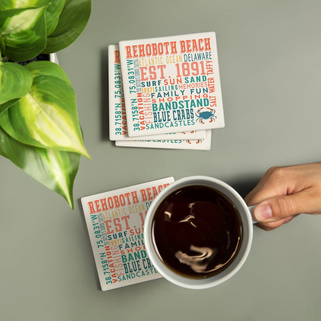 Rehoboth Beach, Delaware, Typography, Lantern Press Artwork, Coaster Set Coasters Lantern Press 