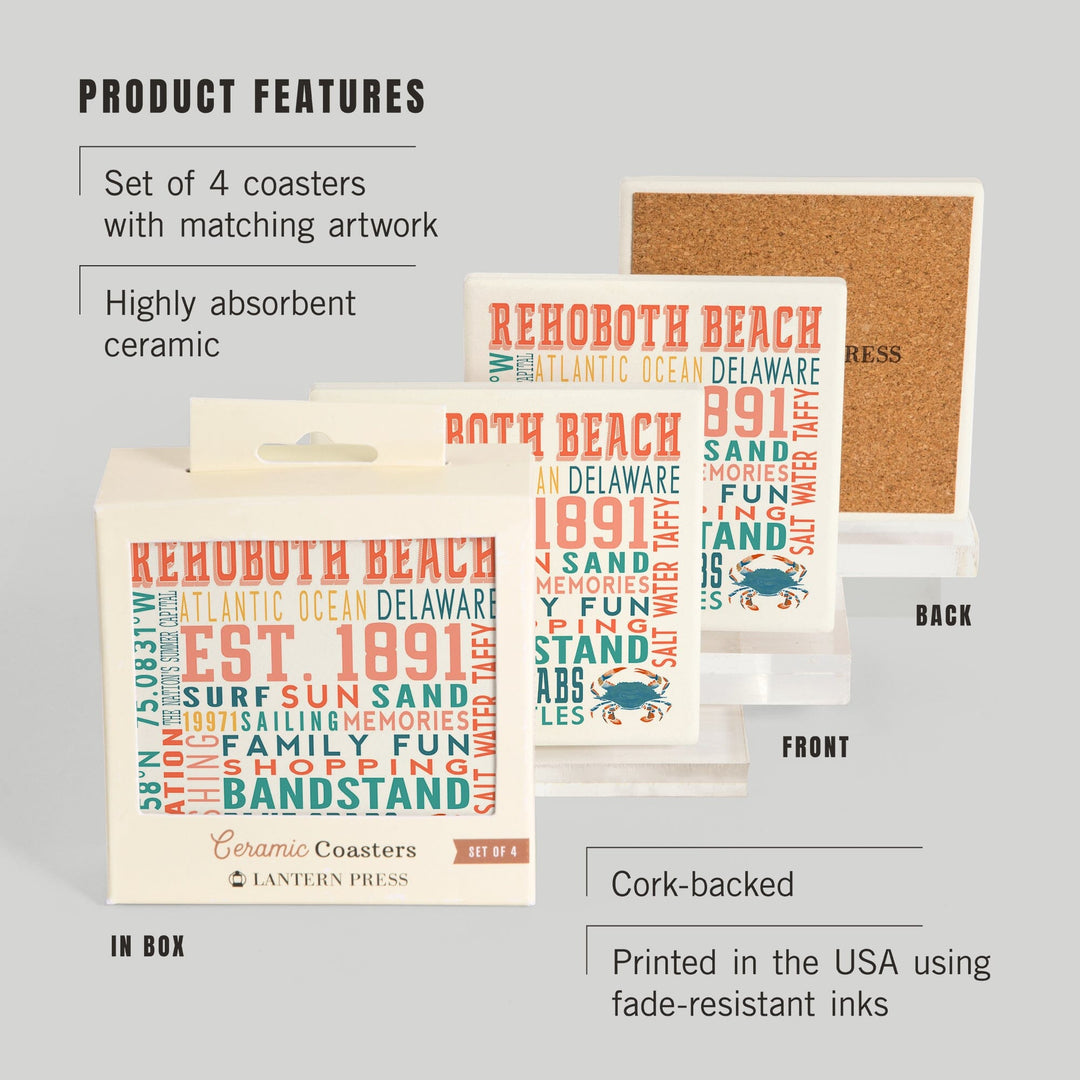 Rehoboth Beach, Delaware, Typography, Lantern Press Artwork, Coaster Set Coasters Lantern Press 