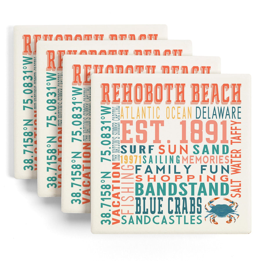 Rehoboth Beach, Delaware, Typography, Lantern Press Artwork, Coaster Set Coasters Lantern Press 