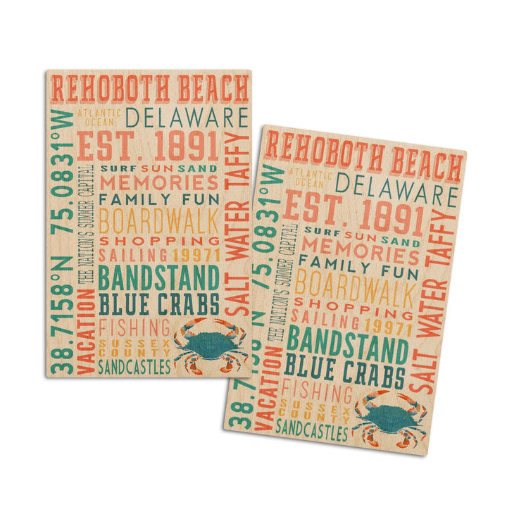 Rehoboth Beach, Delaware, Typography, Lantern Press Artwork, Wood Signs and Postcards Wood Lantern Press 4x6 Wood Postcard Set 
