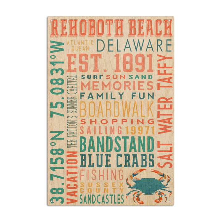 Rehoboth Beach, Delaware, Typography, Lantern Press Artwork, Wood Signs and Postcards Wood Lantern Press 6x9 Wood Sign 