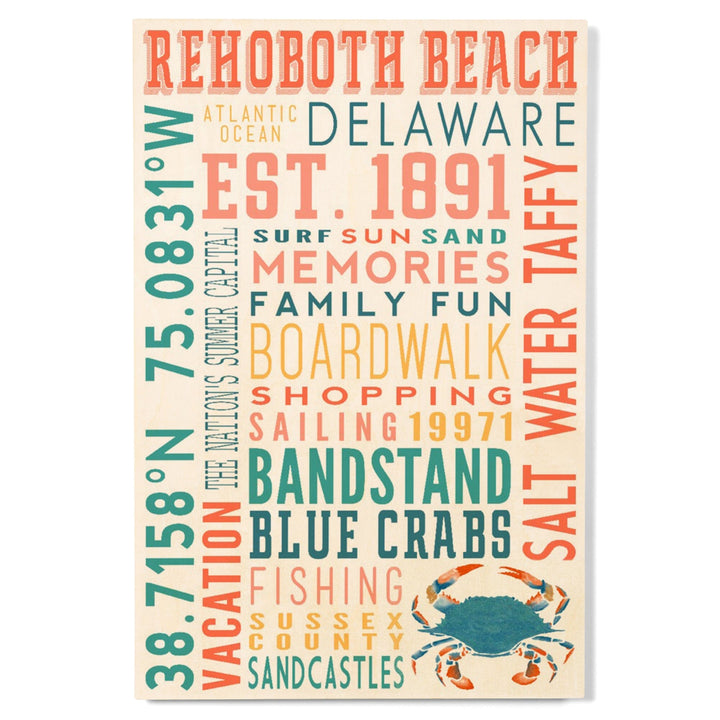 Rehoboth Beach, Delaware, Typography, Lantern Press Artwork, Wood Signs and Postcards Wood Lantern Press 
