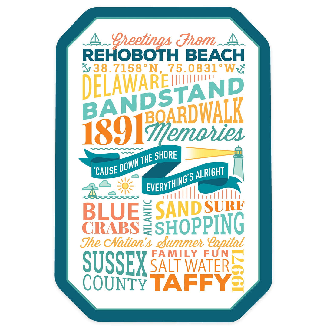 Rehoboth Beach, Delaware, Typography, New, Contour, Vinyl Sticker Sticker Lantern Press 