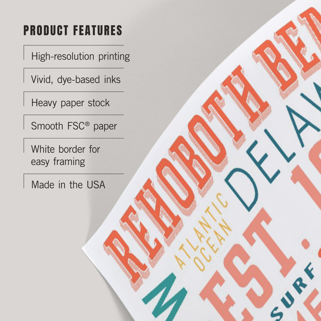 Rehoboth Beach, Delaware, Typography Stacked Series, Art & Giclee Prints Art Lantern Press 